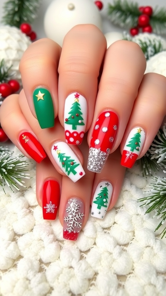 Festive Christmas Nail Designs for the UK Festive Christmas nail designs in red and green with snowflakes and glitter on a winter-themed background.